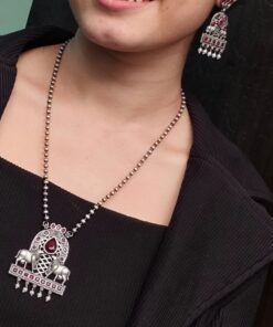 Silver Oxidized Nandi Pendant Necklace with Stone & Amazing Pearl work