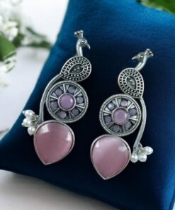 Traditional Unique Peacock Design Earrings in Oxidized Silver with Monalisa Stone and Pearl