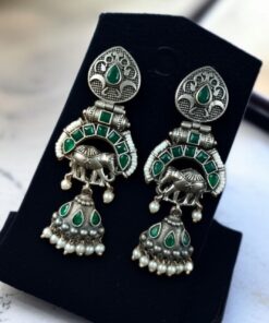 Alternative view of Antique Finish Oxidized Unique Elephant Jhumki Earrings with Elegant Pearl Detailing