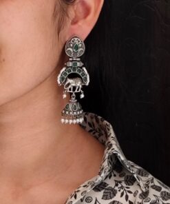 Antique Finish Oxidized Unique Elephant Jhumki Earrings with Elegant Pearl Detailing