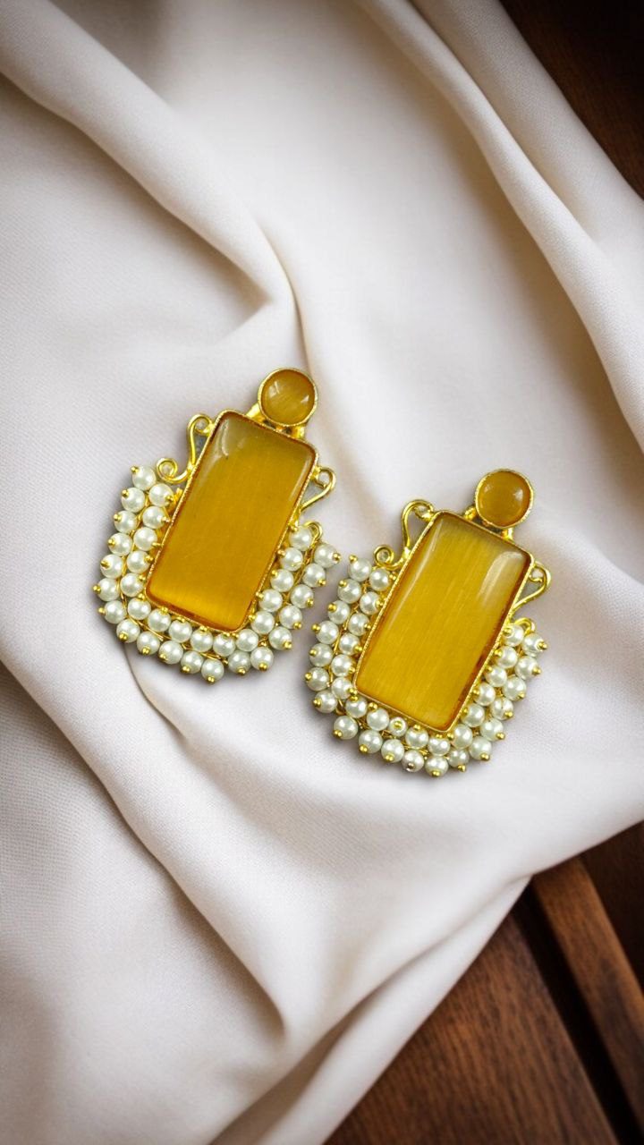 Gold Plated Geometric Stone Stud Earrings with Beautiful Pearl Detailing | Best Gift For Her - Image 8