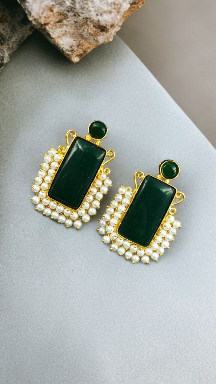 Gold Plated Geometric Stone Stud Earrings with Beautiful Pearl Detailing | Best Gift For Her - Image 7