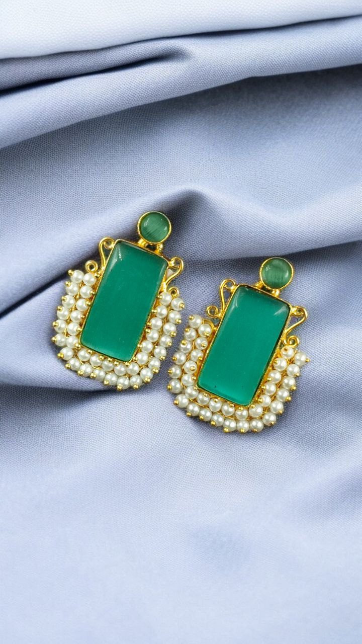 Gold Plated Geometric Stone Stud Earrings with Beautiful Pearl Detailing | Best Gift For Her - Image 6