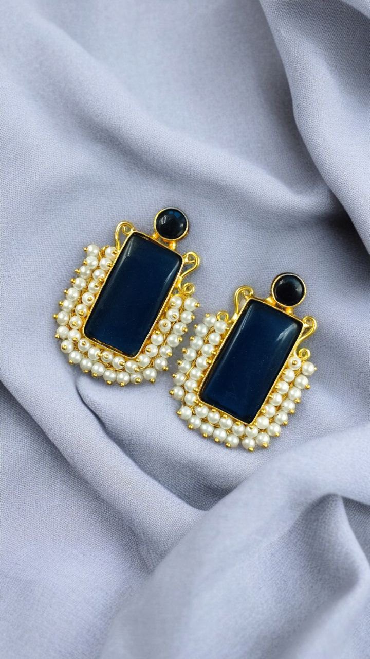 Gold Plated Geometric Stone Stud Earrings with Beautiful Pearl Detailing | Best Gift For Her - Image 5