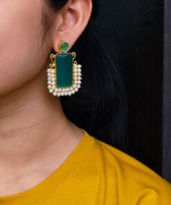 Gold Plated Geometric Stone Stud Earrings with Beautiful Pearl Detailing | Best Gift For Her