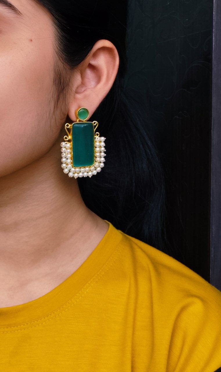 Gold Plated Geometric Stone Stud Earrings with Beautiful Pearl Detailing | Best Gift For Her