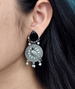 Alternative view of Antique Silver Parrot Dangler Earrings with Stone & Pearl ? Perfect for Ethnic Looks