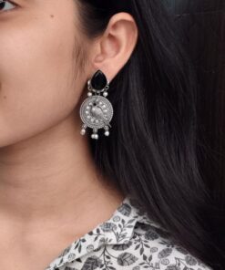 Antique Silver Parrot Dangler Earrings with Stone & Pearl ? Perfect for Ethnic Looks