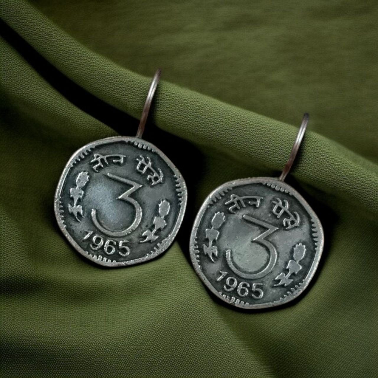 Traditional 3 Paisa Coin Earrings | Silver Replica Best Oxidized Hook Jewelry for Girls - Image 2