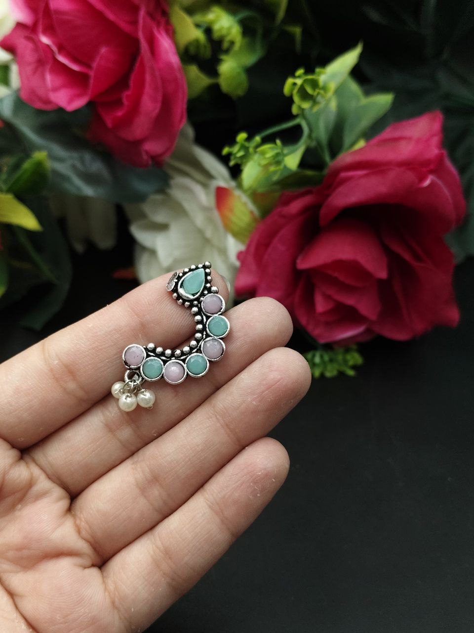 Traditional Oxidised Silver Plated Marathi Nath Press Nosepin - Image 9