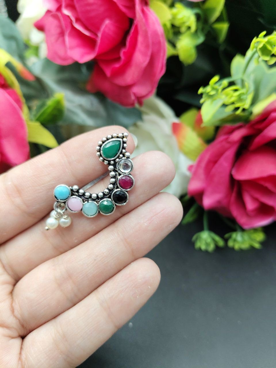 Traditional Oxidised Silver Plated Marathi Nath Press Nosepin - Image 8