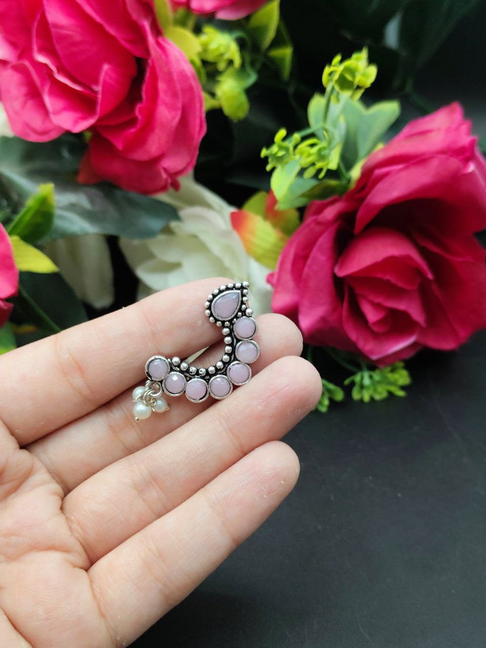 Traditional Oxidised Silver Plated Marathi Nath Press Nosepin - Image 7