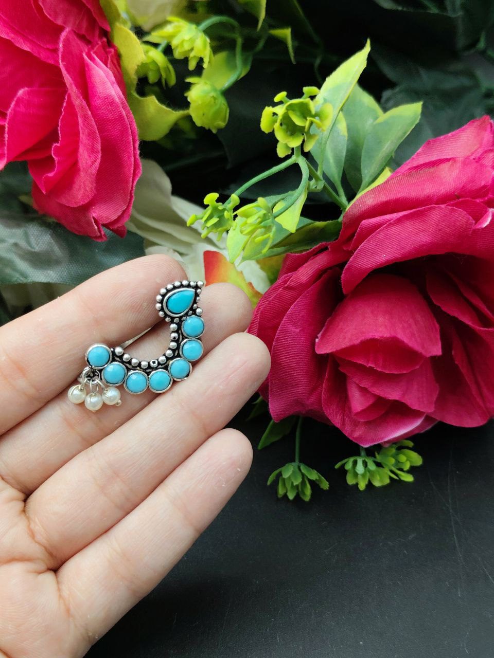 Traditional Oxidised Silver Plated Marathi Nath Press Nosepin - Image 6