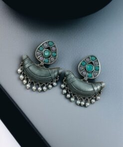 Alternative view of Adorable Look Silver Replica Oxidised Chandbali Earrings with Stone & Pearl Detailing