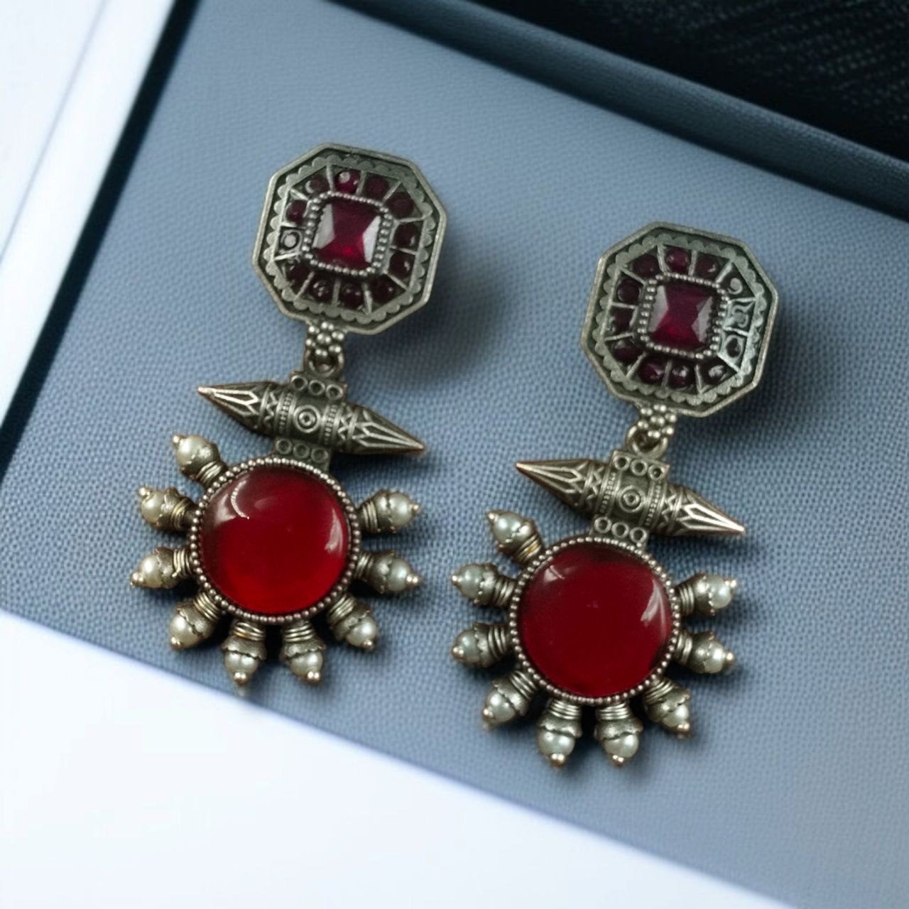 Silver Replica Earrings with Monalisa Stone & Adorable Pearl Work - Image 5