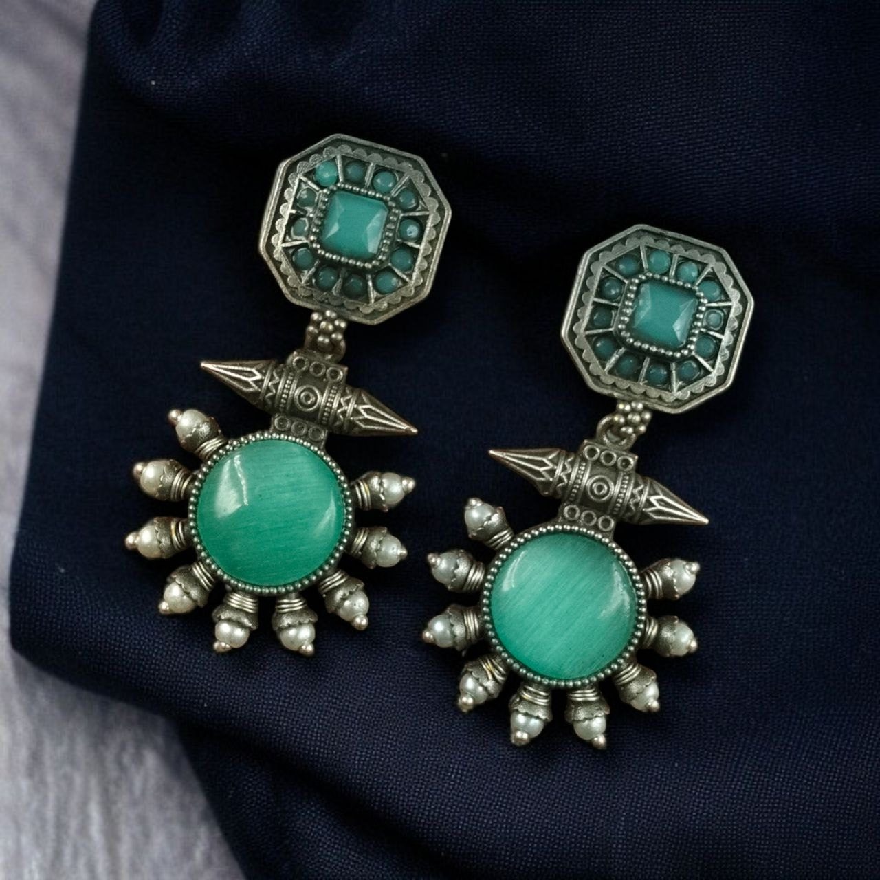 Silver Replica Earrings with Monalisa Stone & Adorable Pearl Work - Image 6