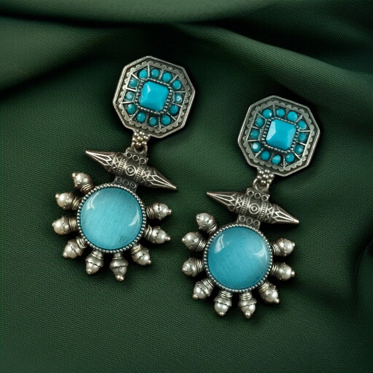 Silver Replica Earrings with Monalisa Stone & Adorable Pearl Work