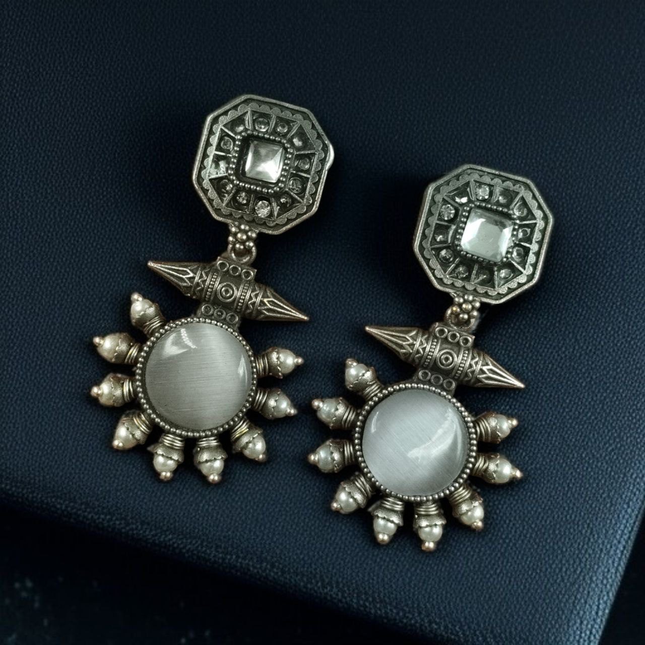 Silver Replica Earrings with Monalisa Stone & Adorable Pearl Work - Image 9