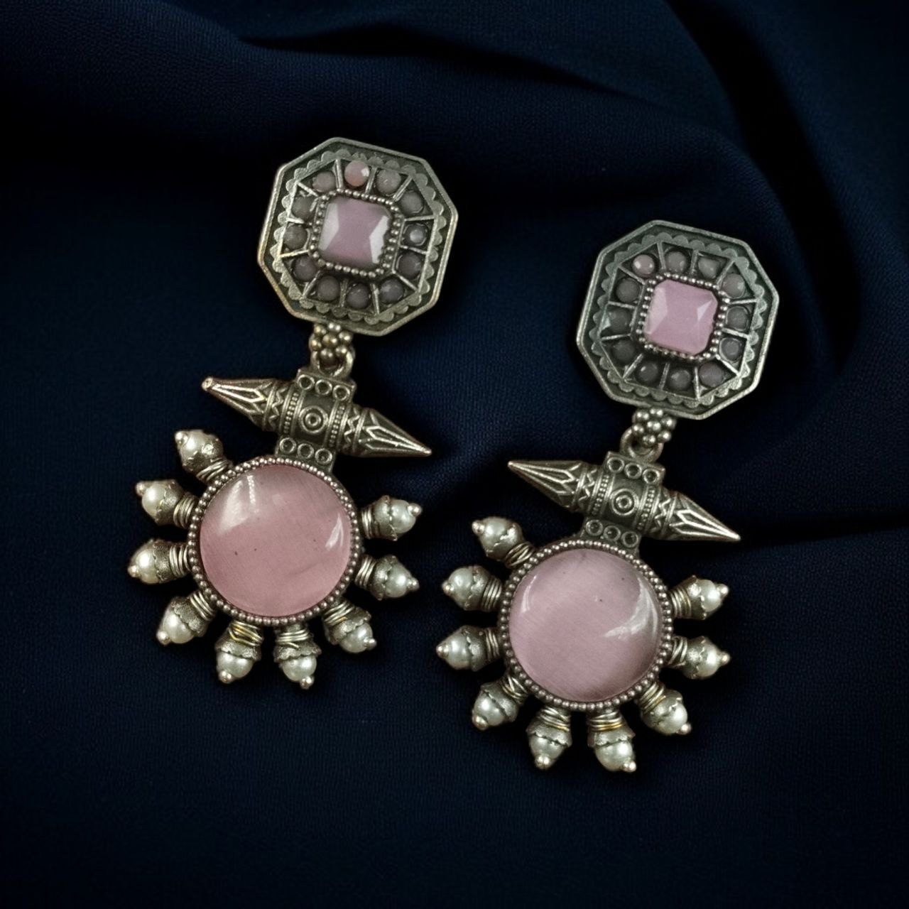 Silver Replica Earrings with Monalisa Stone & Adorable Pearl Work - Image 2