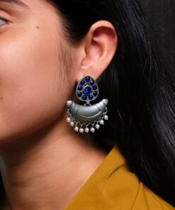 Adorable Look Silver Replica Oxidised Chandbali Earrings with Stone & Pearl Detailing