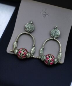 Alternative view of Unique Design Oxidised Dangler Earrings with Stone Work ? Silver Plated Ethnic Jewelry