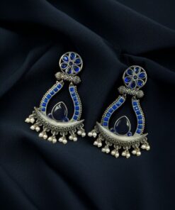 Alternative view of Handcrafted Silver Replica Oxidized Long Earrings ? Pearl & Monalisa Stone Best Dangler Jewelry