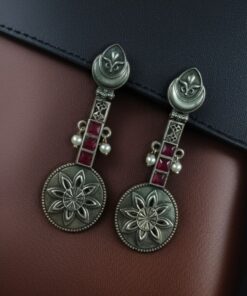 Alternative view of Lightweight Unique Flower Dangler Earrings with Traditonal Pearl & Stone Silver Plated Jewelry