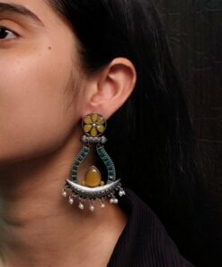 Handcrafted Silver Replica Oxidized Long Earrings ? Pearl & Monalisa Stone Best Dangler Jewelry