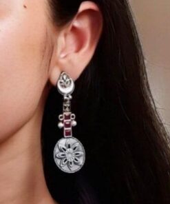 Lightweight Unique Flower Dangler Earrings with Traditonal Pearl & Stone Silver Plated Jewelry