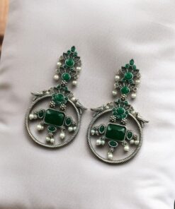 Alternative view of Silver Look alike Beautiful Bird Design Earrings Stone & Pearl Work ? Elegant Oxidized Ethnic Jewelry