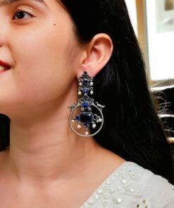 Silver Look alike Beautiful Bird Design Earrings Stone & Pearl Work ? Elegant Oxidized Ethnic Jewelry