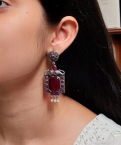 Traditional Elephant Earrings | Silver Replica Oxidized Dangler with Beautiful Monalisa Stone Jewelry