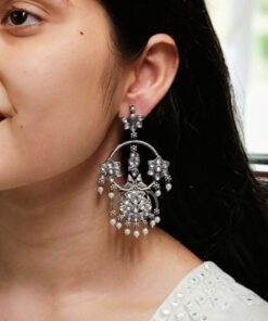 Best Ethnic Peacock Earrings ? Oxidized Stone & Pearl Detailing in Silver Replica Dangler Jewelry