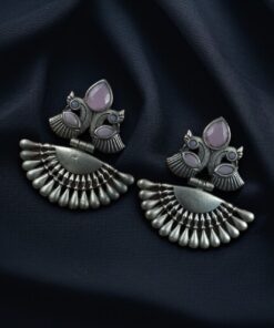 Alternative view of Oxidized Silver Plated Peacock Dangler Earrings | Best Traditional Ethnic Stone Detailing Jewelry