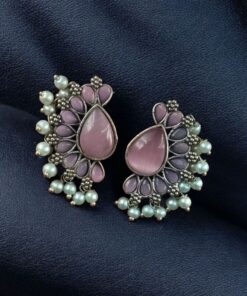 Silver Plated Western Style Earrings | Antique Oxidized Stone & Pearl Detailing Best Ethnic Jewelry