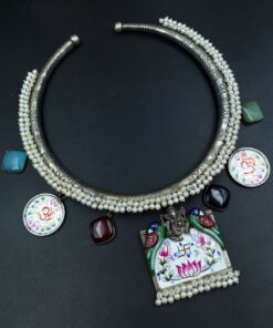 Alternative view of Oxidized Beautiful Ganesha Hasli Necklace | Parrot Design Monalisa Stone & Pearl Work Jewelry