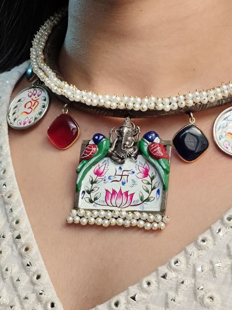 Oxidized Beautiful Ganesha Hasli Necklace | Parrot Design Monalisa Stone & Pearl Work Jewelry - Image 3