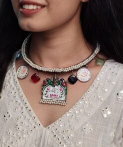 Oxidized Beautiful Ganesha Hasli Necklace | Parrot Design Monalisa Stone & Pearl Work Jewelry