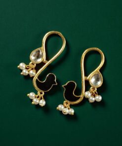 Alternative view of Gold Plated Enamel Bird Earrings | Western Look alike Stone & Pearl Work Beautiful Jewelry