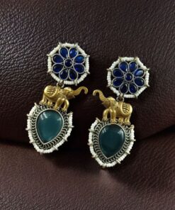 Alternative view of Western Look Two-Tone Elephant Earrings | Monalisa Stone & Beautiful Pearl Work Dangler Jewelry
