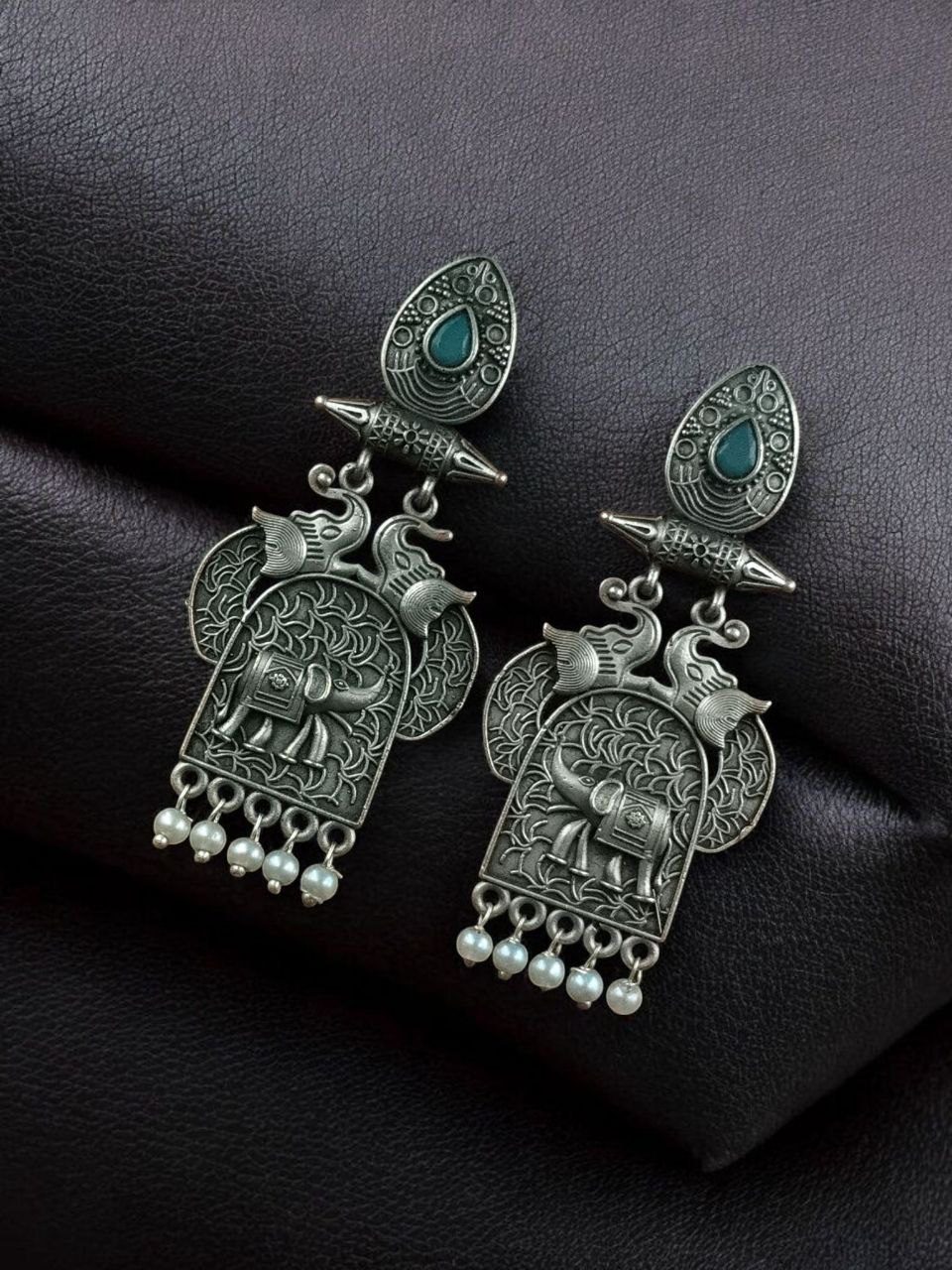 Traditional Oxidized Elephant Earrings | Best Silver Finish Dangler with Stone & Pearl Work - Image 3