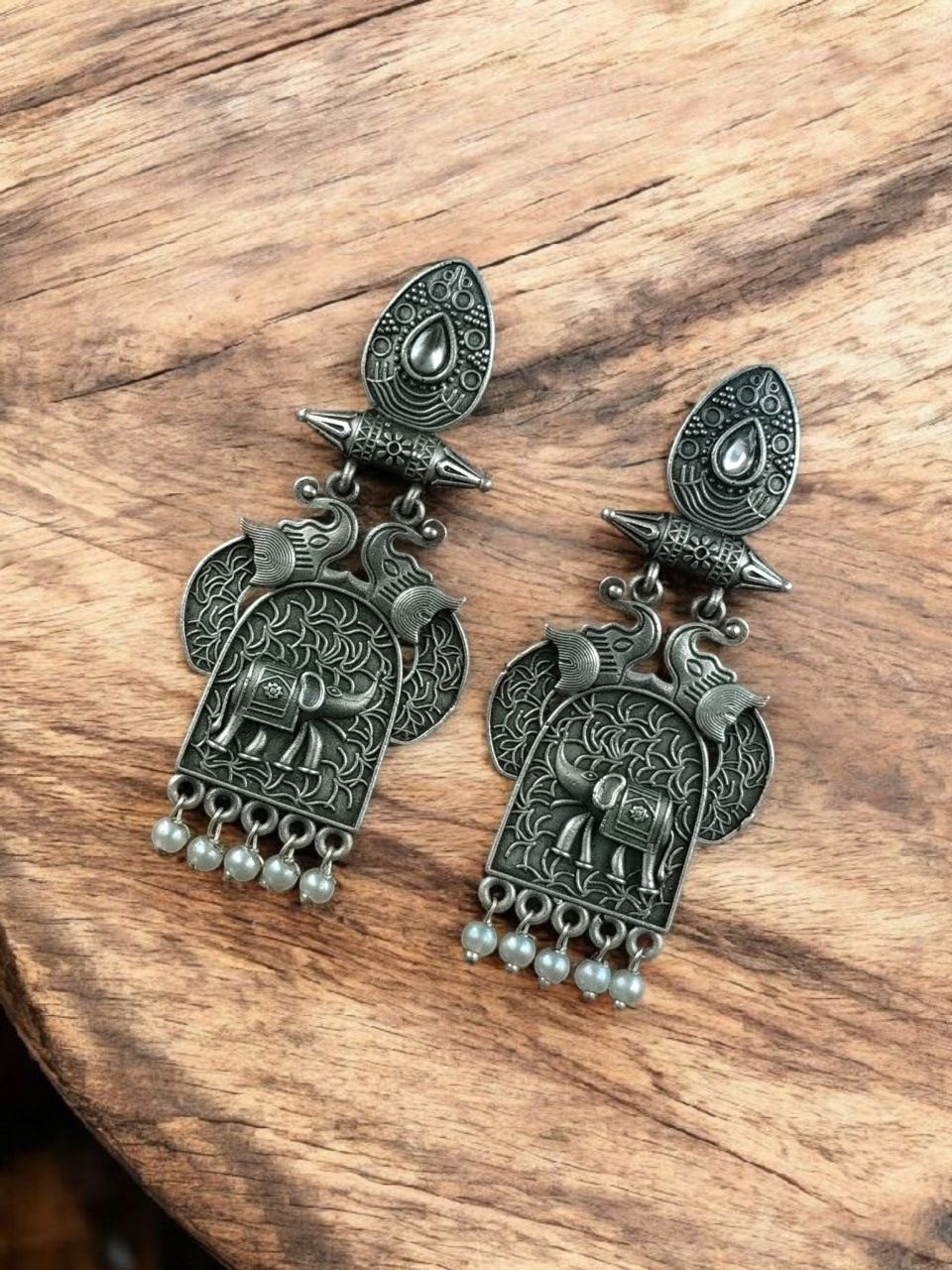 Traditional Oxidized Elephant Earrings | Best Silver Finish Dangler with Stone & Pearl Work - Image 4