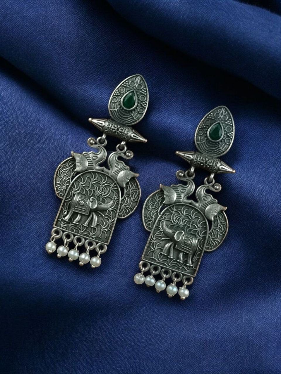 Traditional Oxidized Elephant Earrings | Best Silver Finish Dangler with Stone & Pearl Work - Image 5