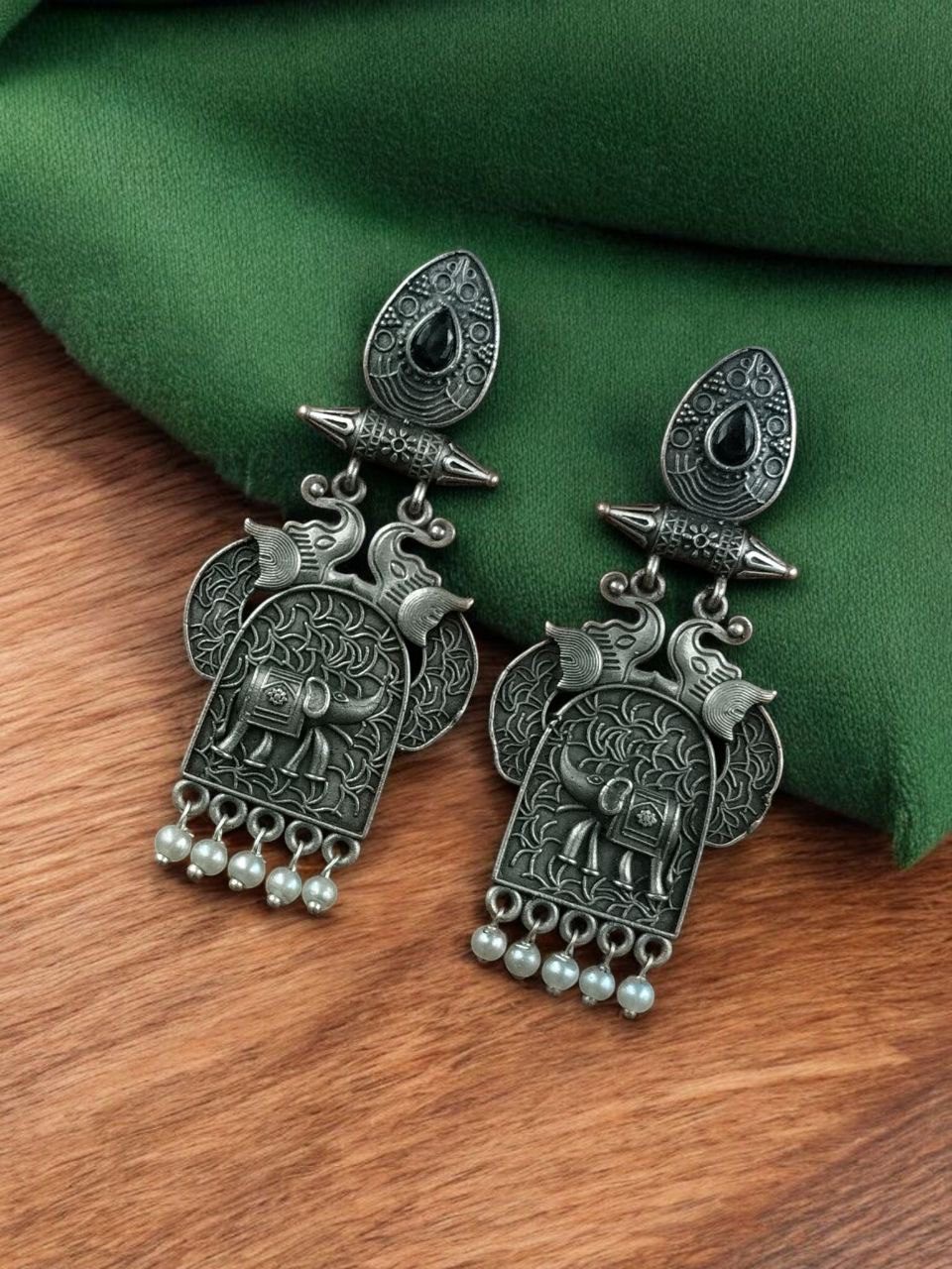 Traditional Oxidized Elephant Earrings | Best Silver Finish Dangler with Stone & Pearl Work - Image 6