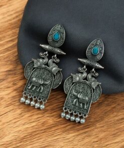 Traditional Oxidized Elephant Earrings | Best Silver Finish Dangler with Stone & Pearl Work
