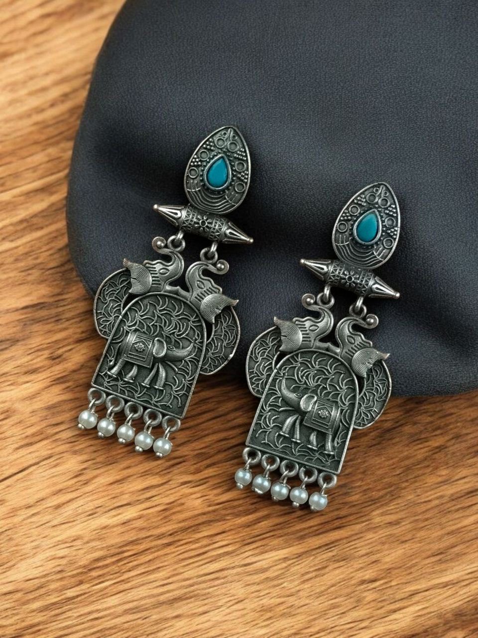 Traditional Oxidized Elephant Earrings | Best Silver Finish Dangler with Stone & Pearl Work