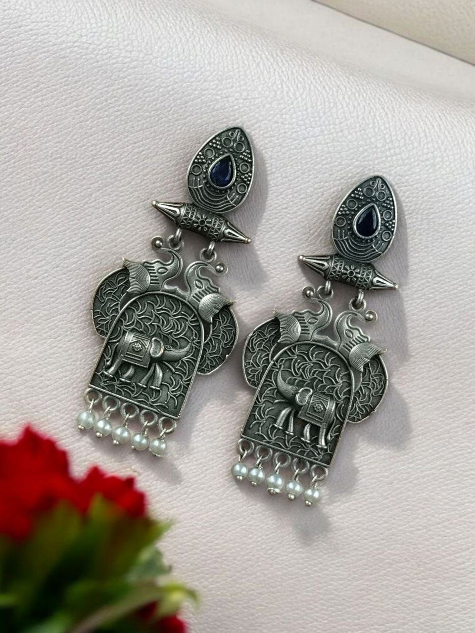 Traditional Oxidized Elephant Earrings | Best Silver Finish Dangler with Stone & Pearl Work - Image 7