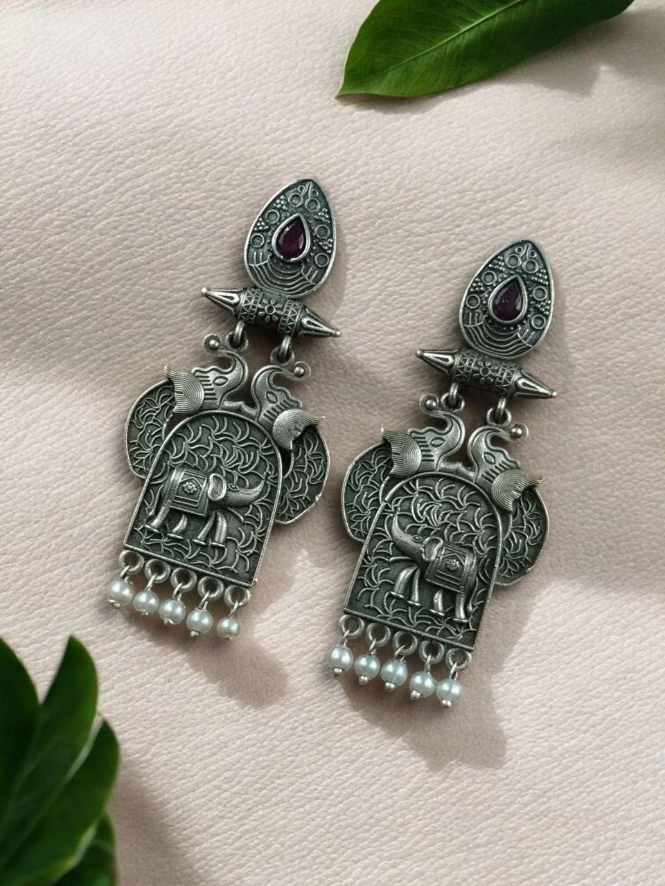 Traditional Oxidized Elephant Earrings | Best Silver Finish Dangler with Stone & Pearl Work - Image 8