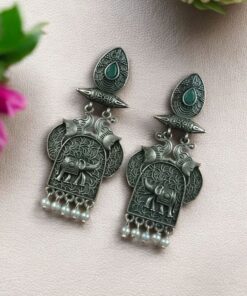 Alternative view of Traditional Oxidized Elephant Earrings | Best Silver Finish Dangler with Stone & Pearl Work
