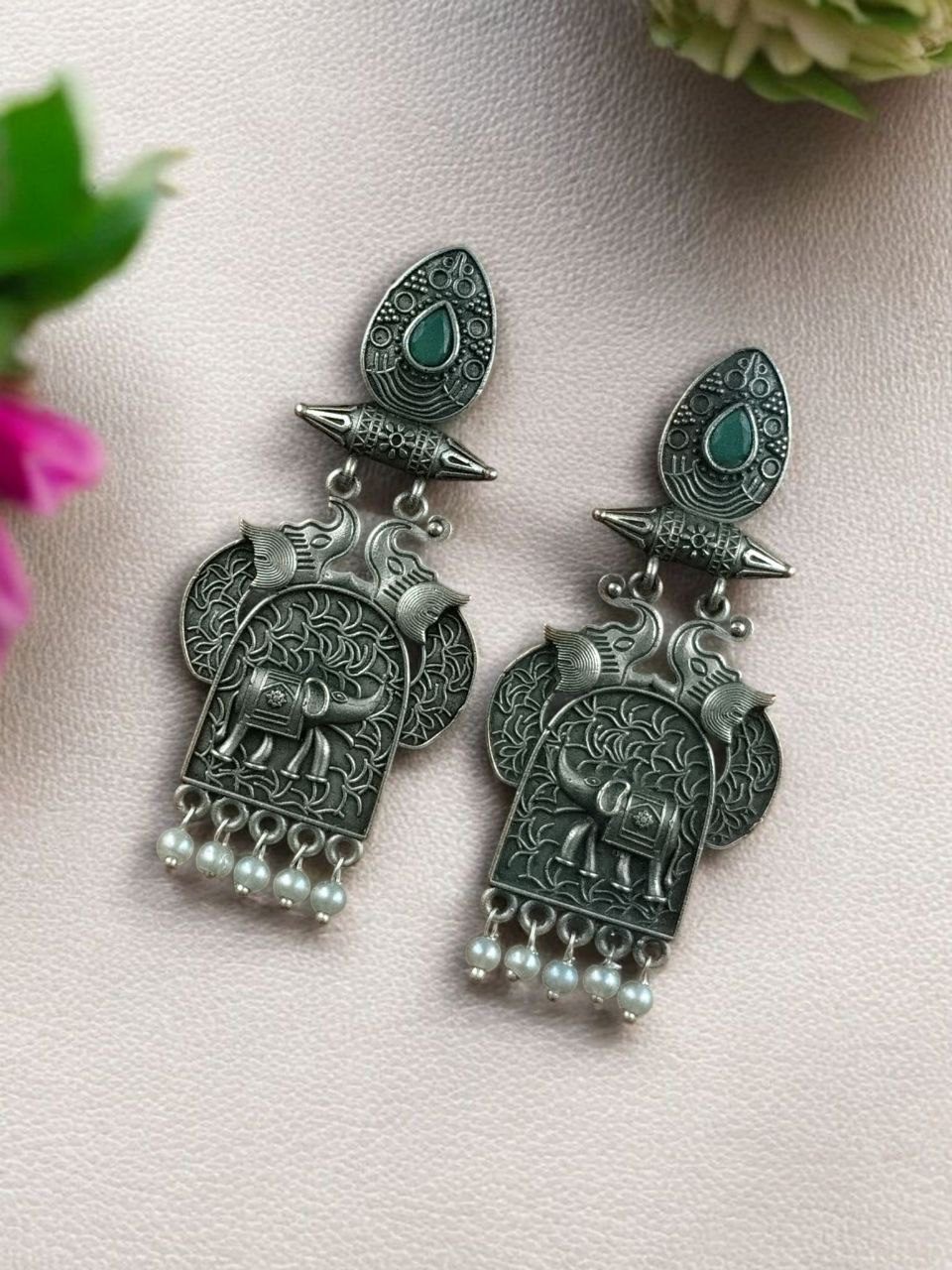 Traditional Oxidized Elephant Earrings | Best Silver Finish Dangler with Stone & Pearl Work - Image 2